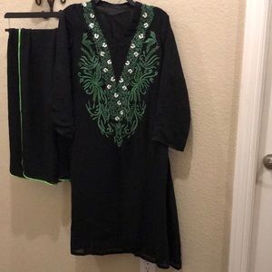 Pakistani/Indian georgette 3 pieces outfit. Green and white embroidery on black